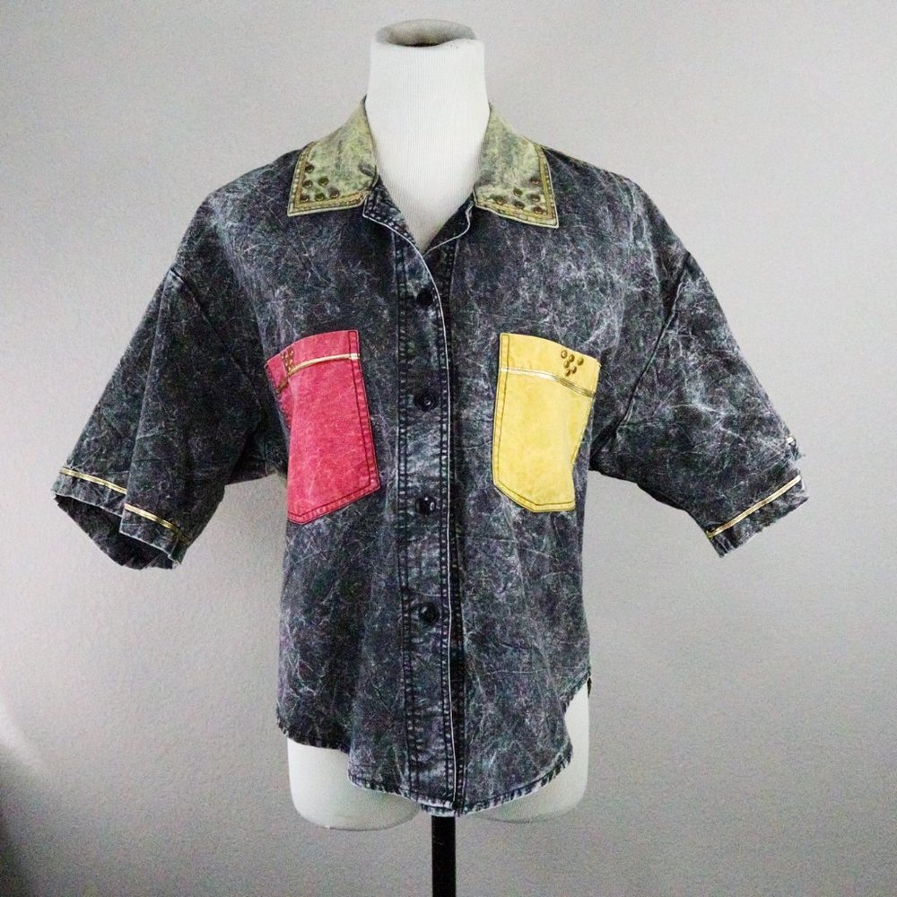 80's Acid Wash Vintage Button Down Two Tone Shirt Stranger Things Style